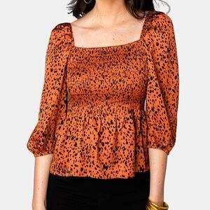 Buddy Love Blouse Top Women’s XS Gwendolyn Smocked Peplum Cognac Square Neckline